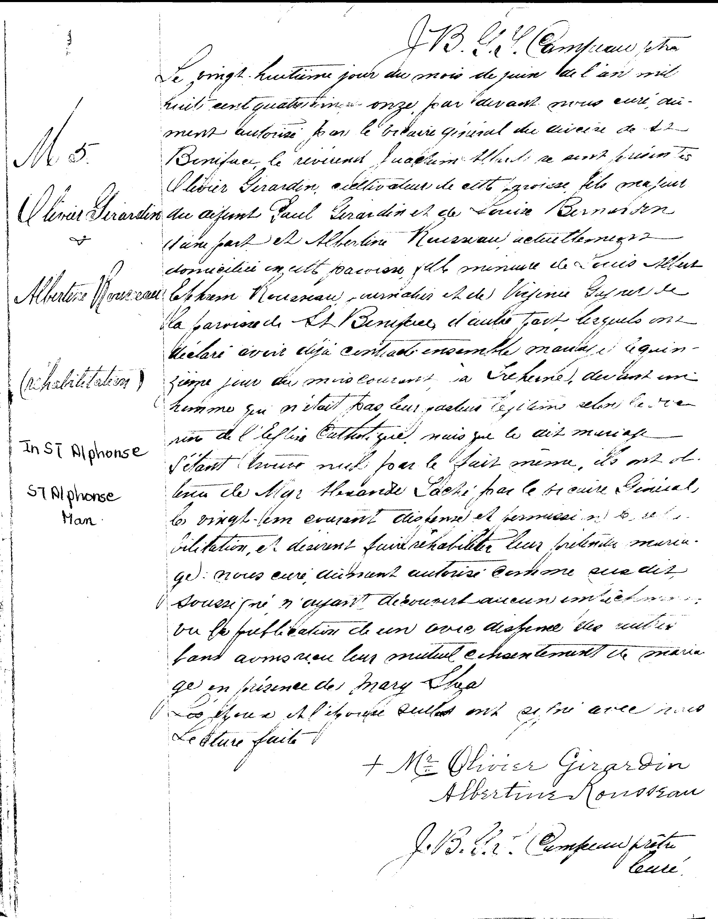 Church Marriage Record for Albertine Rousseau and Olivier Girardin 